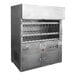 A J & R Manufacturing Brazilian Churrasco wood rotisserie. A large stainless steel metal cabinet with racks and hooks.