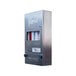 A stainless steel recessed Aunt Flow sanitary napkin/tampon dispenser with a red and white label.