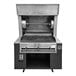 A J&R Manufacturing Milano Arosti All-Gas Rotisserie and Grill with a metal lid open on a black grill.