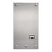 A stainless steel rectangular wall-mount dispenser with a red and black button.