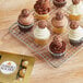 A tray of chocolate cupcakes with Ferrero Rocher chocolate balls on top.