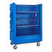 A blue plastic container with metal mesh on wheels.