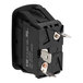 A black Vulcan SPST switch with metal plugs.