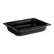 A black plastic food pan by Vollrath on a counter.