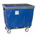A blue vinyl laundry basket truck with swivel casters.