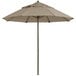 A taupe Grosfillex Windmaster umbrella on an aluminum pole.