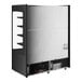 An Avantco black vertical air curtain merchandiser with the door open.