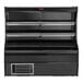A black Howard McCray 32E series open air curtain meat merchandiser with shelves.