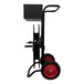 A black and red Encore Packaging strapping dispenser cart with wheels.