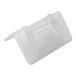 A white plastic Encore Packaging edge protector for strapping with a small hole.