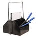 A black Encore Packaging steel strap caddy with blue handles.
