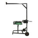 A black metal Encore Packaging strapping dispenser cart with green wheels and handle.