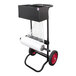 A black Encore Packaging Roper/Strapping Dispenser cart with a roll of plastic wrap on it.