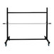 A black and silver metal rack with blue wheels.