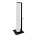 A black stand with a white rectangular object and a black and white cylinder on it.