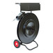 An Encore Packaging mobile ribbon-wound strapping dispenser with black wheels.