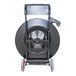 A black and silver Encore Packaging mobile strapping dispenser on wheels.
