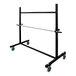 A black metal Encore Packaging stretch film roll stand with blue wheels.