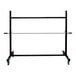 A black and silver metal rack with blue wheels for Encore Packaging's 96" Bi-Support Roll Stand.