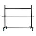 A black metal Encore Packaging roll stand with blue wheels.