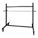 A black metal Encore Packaging roll stand with wheels.