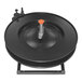 A black plastic round object with a metal handle.