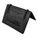 A black plastic Encore Packaging edge protector for strapping bands.