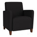 A Lesro Ravenna black fabric guest chair with wooden arms and legs.