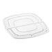 A clear plastic Sabert hinged lid for square bowls.