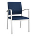 A blue Lesro Newport guest chair with silver legs.