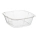 A case of 50 clear Sabert PET square bowls with pop-top lids.