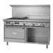 A large stainless steel Garland range with 4 burners, a griddle, and a convection oven.