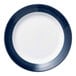 A close-up of a Libbey porcelain plate with a white rim and a steel blue band.