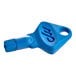 A close-up of a blue Lavex Pro dispenser key with a hole in it.