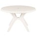 A white round Grosfillex Ibiza pedestal table with a round top and two legs.