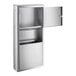 A stainless steel Lavex paper towel dispenser and waste receptacle cabinet with a door open.
