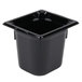 A black Vollrath Super Pan 1/6 size black polycarbonate food pan on a table.