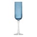 A Libbey blue flute glass with a stem.