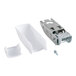 A white plastic Galaxy door hinge assembly with screws.