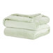 A stack of green Berkshire Hospitality VelvetLoft throw blankets.