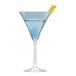 A Libbey blue martini glass filled with blue liquid and a lemon wedge.
