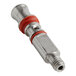 A silver and red Whip-It piston valve with threaded pipe fittings.