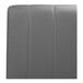 The back of a graphite leather single channel booth with grey cushioning.