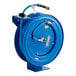 A Regency blue powder-coated steel hose reel with a hose attached.