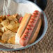 A European Bakers New England hotdog bun with a hotdog and chips on a plate.