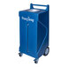 A blue PourAway rectangular container with wheels.