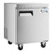 A stainless steel Avantco undercounter freezer on wheels.