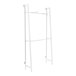 A white metal wall-mount rack with shelves and hangrail.
