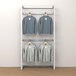 A white Econoco retail display rack with three shirts hanging on it.