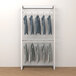 A white Econoco wall-mount retail display rack with clothes hanging on it.